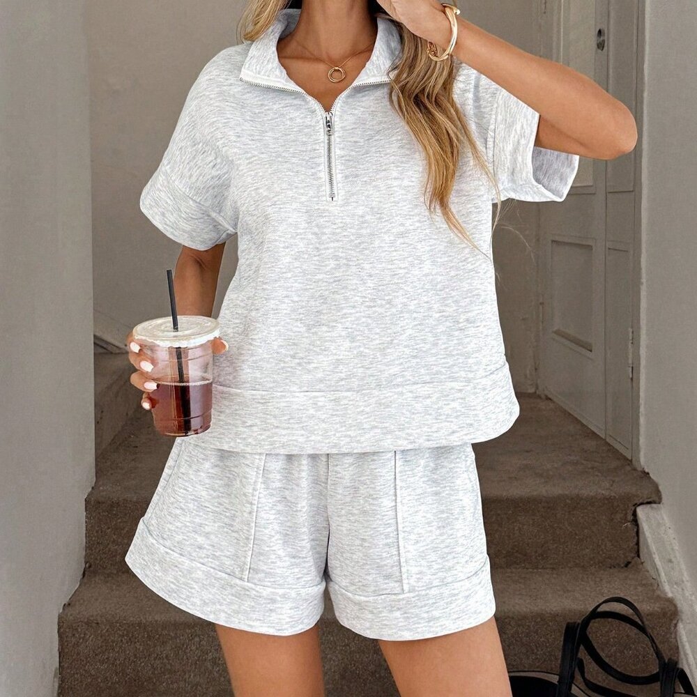 Light Grey Casual Women's Loose Zipper Polo Collar Top and Shorts Set